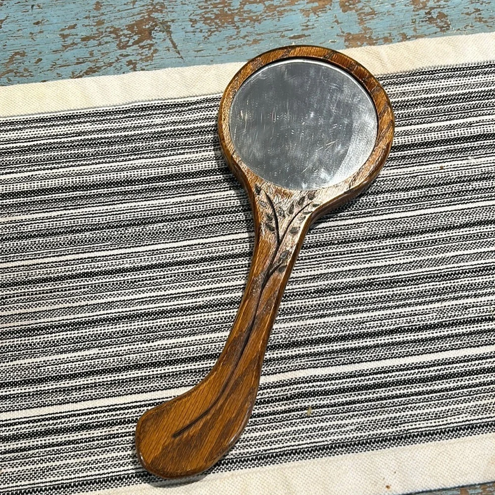Vintage Wooden Hand Held Mirror with carved detail